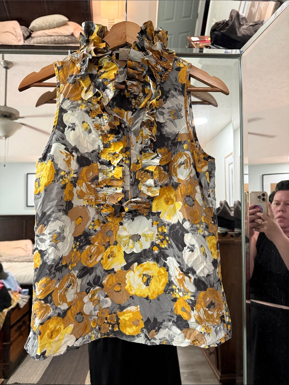 J. Crew Yellow Gray Floral Ruffle Sleeveless Top